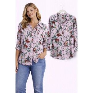 Grifflin Blouse Top Size Medium Pink Stripe Floral Long Sleeve